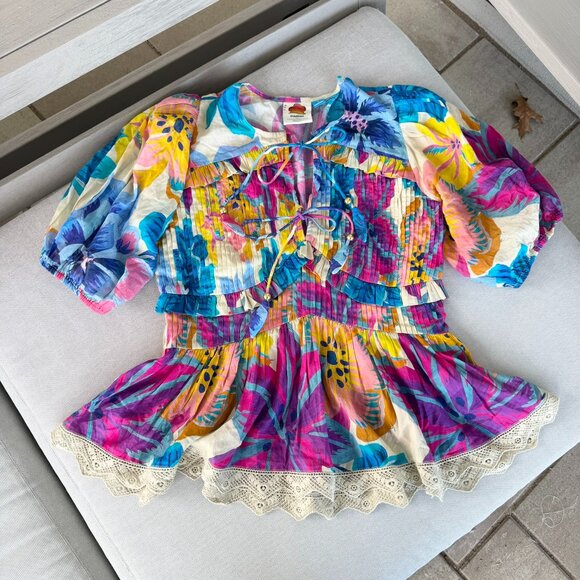 Farm Rio Anthropologie Puff Sleeve Tie Front Blouse Top Medium - Picture 3 of 11